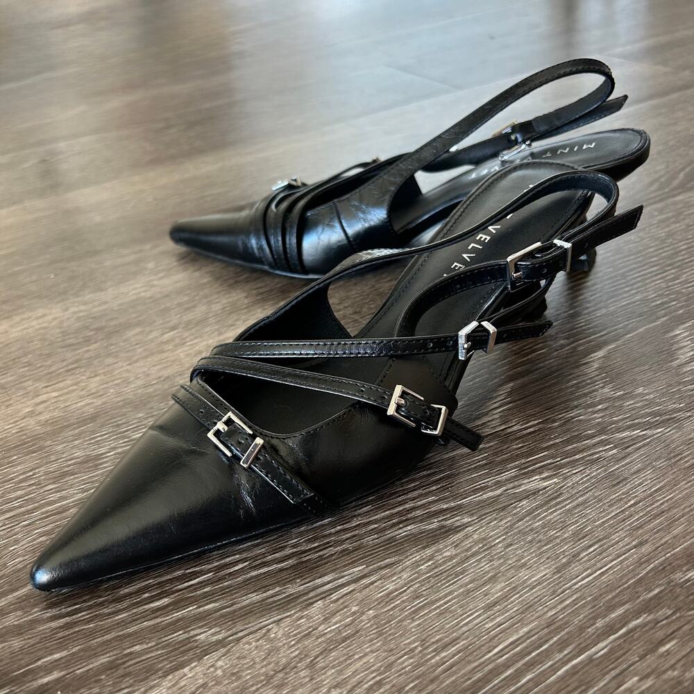 Black Pointed Slingback Heels with Straps - Picture 7 of 16